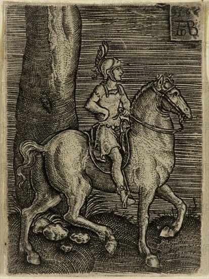 Abraham de Bruyn, Netherlandish, 1540-1587, Roman Emperor on Horseback, 1566, engraving printed in black ink on laid paper, Sheet (trimmed within plate mark): 1 7/8 × 1 3/8 inches (4.8 × 3.5 cm)