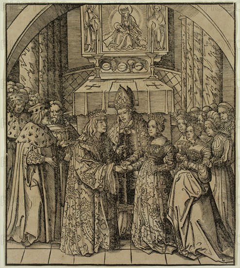 Leonhard Beck, German, 1480-1542, after Hans Burgkmair, German, 1473-1531, The Betrothal of the White King and the Daughter of the King of Feuereisen, between 1513 and 1518, woodcut printed in black ink on laid paper, Image: 8 5/8 × 7 1/2 inches (21.9 × 19.1 cm)