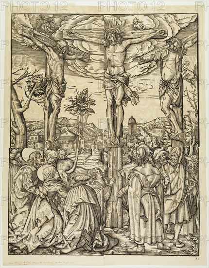 after Hans Burgkmair, German, 1473-1531, Christ on the Cross Between Two Thieves, 19th century, woodcut printed from eight blocks in black ink on wove paper, Image: 33 × 26 1/4 inches (83.8 × 66.7 cm)