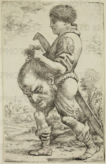 Giuseppe Caletti, Italian, 1600-1660, David with the Head of Goliath, between 1600 and 1660, etching printed in black ink on laid paper, Sheet (trimmed within plate mark): 9 3/4 × 6 1/8 inches (24.8 × 15.6 cm)