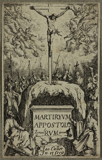 Jacques Callot, French, 1592-1635, Frontispice pour Le Martyre des apotres, between 1630 and 1635, etching printed in black ink on (possibly) laid paper, Sheet (trimmed within plate mark): 2 7/8 × 1 3/4 inches (7.3 × 4.4 cm)