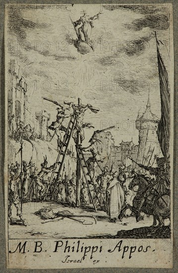 Jacques Callot, French, 1592-1635, Martyre de Saint Philippe, between 1630 and 1635, etching printed in black ink on (possibly) laid paper, Sheet (trimmed within plate mark): 2 3/4 × 1 3/4 inches (7 × 4.4 cm)