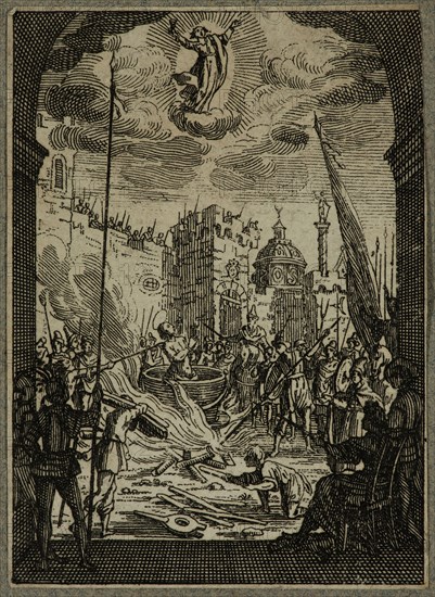 Unknown (French), after Jacques Callot, French, 1592-1635, Martyre de St. Jean L'Evangeliste, between late 16th and mid-17th century, etching printed in black ink on (possibly) laid paper, Sheet (trimmed within plate mark): 2 1/2 × 1 3/4 inches (6.4 × 4.4 cm)