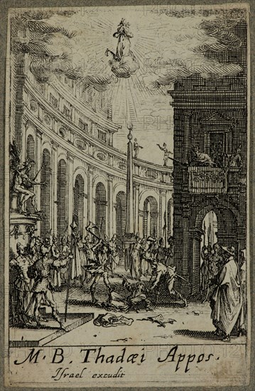 Jacques Callot, French, 1592-1635, Martyre de Saint Thaddee, between 1630 and 1635, etching printed in black ink on (possibly) laid paper, Sheet (trimmed within plate mark): 2 7/8 × 1 7/8 inches (7.3 × 4.8 cm)