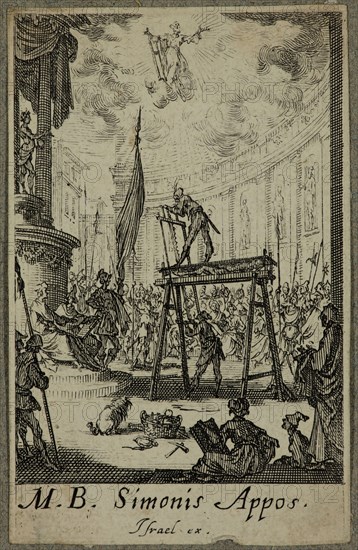 Jacques Callot, French, 1592-1635, Martyre de Saint Simon, between 1630 and 1635, etching printed in black ink on (possibly) laid paper, Sheet (trimmed within plate mark): 2 7/8 × 1 7/8 inches (7.3 × 4.8 cm)