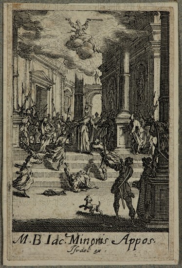 Jacques Callot, French, 1592-1635, Martyre de Saint Jacques le Mineur, between 1630 and 1635, etching printed in black ink on (possibly) laid paper, Sheet (trimmed within plate mark): 3 × 2 inches (7.6 × 5.1 cm)