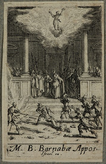 Jacques Callot, French, 1592-1635, Martyre de. St. Barnabe, between 1630 and 1635, etching printed in black ink on (possibly) laid paper, Sheet (trimmed within plate mark): 2 7/8 × 1 7/8 inches (7.3 × 4.8 cm)