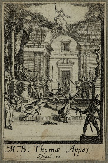 Jacques Callot, French, 1592-1635, Martyre de Saint Thomas, between 1630 and 1635, etching printed in black ink on (possibly) laid paper, Sheet (trimmed within plate mark): 2 7/8 × 1 7/8 inches (7.3 × 4.8 cm)