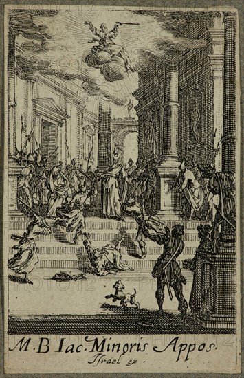 Jacques Callot, French, 1592-1635, Martyre de Saint Jacques le Mineur, between 1630 and 1635, etching printed in black ink on (possibly) laid paper, Sheet (trimmed within plate mark): 2 7/8 × 1 7/8 inches (7.3 × 4.8 cm)