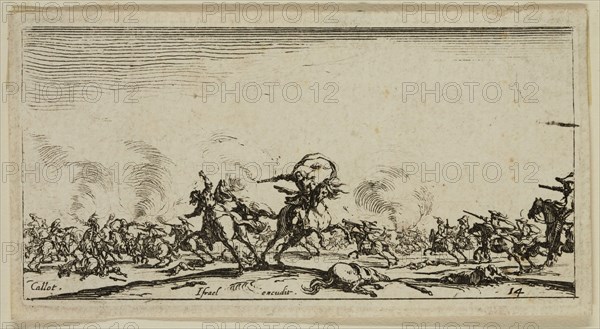 Jacques Callot, French, 1592-1635, Le combat au pistolet, between 1632 and 1634, etching printed in black ink on laid paper, Plate: 1 7/8 × 3 3/4 inches (4.8 × 9.5 cm)