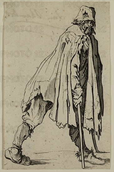 Jacques Callot, French, 1592-1635, Le mendiant aux bequilles coiffe d'un bonnet, early 17th century, etching printed in black ink on laid paper, Sheet (trimmed within plate mark): 5 3/8 × 3 3/8 inches (13.7 × 8.6 cm)
