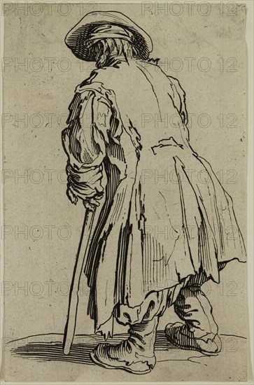 Jacques Callot, French, 1592-1635, Le vieux mendiant a une seul bequille, early 17th century, etching printed in black ink on laid paper, Sheet (trimmed within plate mark): 5 3/8 × 3 3/8 inches (13.7 × 8.6 cm)