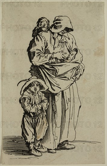 Jacques Callot, French, 1592-1635, La mere et ses trois enfants, early 17th century, etching printed in black ink on laid paper, Sheet (trimmed within plate mark): 5 3/8 × 3 3/8 inches (13.7 × 8.6 cm)