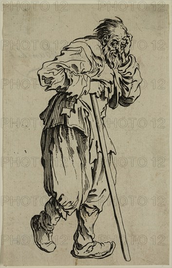 Jacques Callot, French, 1592-1635, La gueux appuye sur un baton, early 17th century, etching printed in black ink on laid paper, Sheet (trimmed within plate mark): 5 3/8 × 3 3/8 inches (13.7 × 8.6 cm)