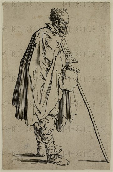 Jacques Callot, French, 1592-1635, Le mendiant au couvet, early 17th century, etching printed in black ink on laid paper, Sheet (trimmed within plate mark): 5 3/8 × 3 3/8 inches (13.7 × 8.6 cm)