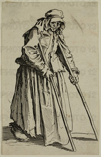 Jacques Callot, French, 1592-1635, La mendiante aux bequilles, early 17th century, etching printed in black ink on laid paper, Sheet (trimmed within plate mark): 5 3/8 × 3 3/8 inches (13.7 × 8.6 cm)