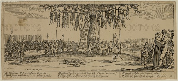 Unknown (French), after Jacques Callot, French, 1592-1635, La pendaison, between late 18th and 19th century, etching printed in black ink on wove paper, Sheet (trimmed within plate mark): 3 3/8 × 7 1/2 inches (8.6 × 19.1 cm)