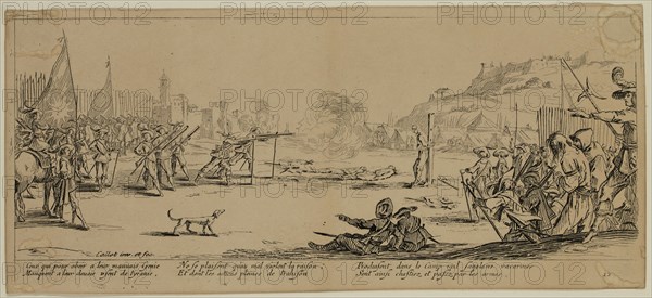 Unknown (French), after Jacques Callot, French, 1592-1635, L'Arquebusade, between late 18th and 19th century, etching printed in black ink on wove paper, Sheet (trimmed within plate mark): 3 3/8 × 7 1/2 inches (8.6 × 19.1 cm)