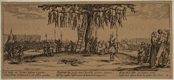Unknown (French), after Jacques Callot, French, 1592-1635, La pendaison, between late 18th and 19th century, etching printed in black ink on wove paper, Sheet (trimmed within plate mark): 3 3/8 × 7 3/8 inches (8.6 × 18.7 cm)
