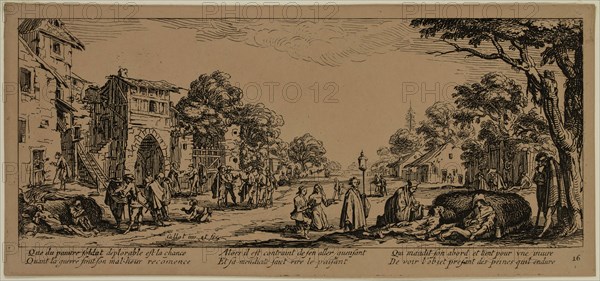 Unknown (French), after Jacques Callot, French, 1592-1635, Les mourants sur le bord des routes, between late 18th and 19th century, etching printed in black ink on wove paper, Sheet (trimmed within plate mark): 3 1/2 × 7 1/2 inches (8.9 × 19.1 cm)
