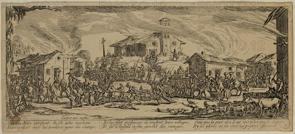 Unknown (French), after Jacques Callot, French, 1592-1635, Pilage et incendie d'un village, between late 18th and 19th century, etching printed in black ink on wove paper, Sheet (trimmed within plate mark): 3 3/8 × 7 1/2 inches (8.6 × 19.1 cm)