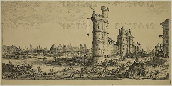 Unknown (French), after Jacques Callot, French, 1592-1635, Vue du Pont-Neuf, between 17th and 19th century, etching printed in black ink on laid paper mounted on wove paper, Sheet (trimmed within plate mark): 6 5/8 × 13 3/8 inches (16.8 × 34 cm)