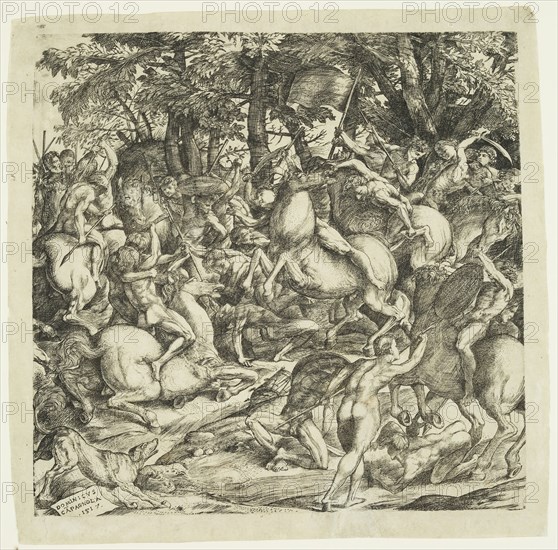Domenico Campagnola, Italian, 1500-1564, Battle of Naked Men, 1517, engraving printed in black ink on laid paper, Plate: 8 3/4 × 9 inches (22.2 × 22.9 cm)
