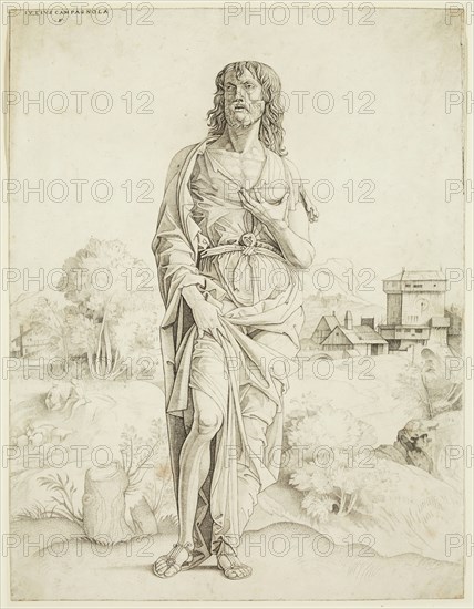 Giulio Campagnola, Italian, 1481-1516, Saint John the Baptist, between 1500 and 1516, engraving printed in black ink on laid paper, Sheet (trimmed within plate mark): 12 1/4 × 9 3/8 inches (31.1 × 23.8 cm)