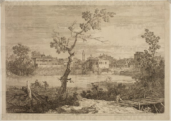 Canaletto, Italian, 1697-1768, View of a Town on a River Bank, between 1735 and 1746, etching printed in black ink on laid paper, Plate: 11 7/8 × 17 inches (30.2 × 43.2 cm)
