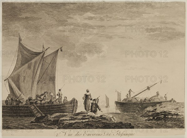 Pierre Charles Canot, French, 1710-1777, after Jean Baptiste Pillement, French, 1728-1808, Vue des Environs de Flessingue, mid-18th century, etching printed in black ink on laid paper, Sheet (trimmed within plate mark): 9 3/4 × 13 3/8 inches (24.8 × 34 cm)