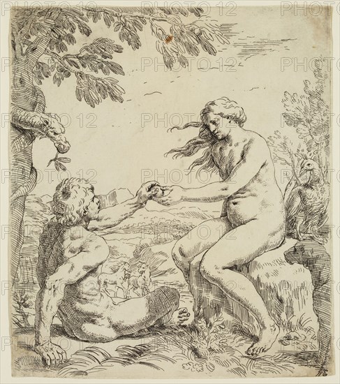 Simone Cantarini, Italian, 1612-1648, Adam and Eve, between 1612 and 1648, etching printed in black ink on laid paper, Plate: 7 3/4 × 6 3/4 inches (19.7 × 17.1 cm)