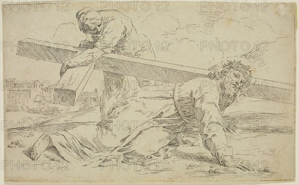 Simone Cantarini, Italian, 1612-1648, Carrying of the Cross, between 1612 and 1648, etching printed in black ink on laid paper, Plate: 4 3/4 × 7 3/4 inches (12.1 × 19.7 cm)
