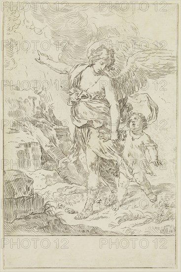 Simone Cantarini, Italian, 1612-1648, Guardian Angel, between 1612 and 1648, etching printed in black ink on laid paper, Sheet (trimmed within plate mark): 7 1/2 × 4 7/8 inches (19.1 × 12.4 cm)