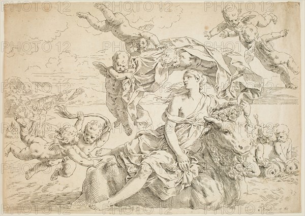 Simone Cantarini, Italian, 1612-1648, after Guido Reni, Italian, 1575-1642, The Rape of Europa, between 1612 and 1648, etching printed in black ink on laid paper, Plate: 8 7/8 × 12 3/8 inches (22.5 × 31.4 cm)