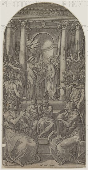 Gian Jacopo Caraglio, Italian, 1500-1570, after Parmigianino, Italian, 1503-1540, Marriage of the Virgin, between 1500 and 1570, engraving printed in black ink on laid paper, Sheet (trimmed within plate mark): 18 × 9 1/8 inches (45.7 × 23.2 cm)