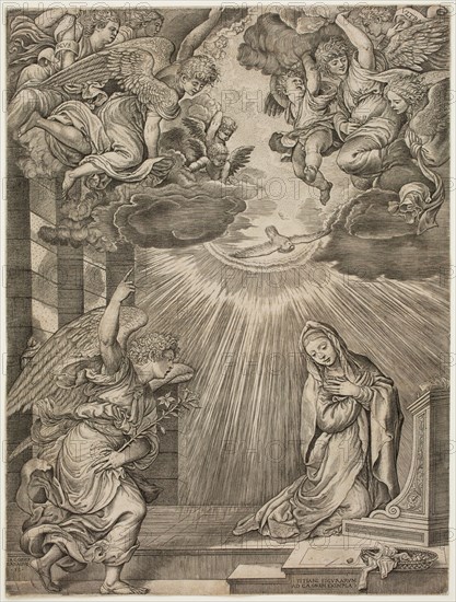 Gian Jacopo Caraglio, Italian, 1500-1570, after Titian, Italian, ca.1488-1576, Annunciation, between 1500 and 1570, engraving printed in black ink on laid paper, Sheet (trimmed within plate mark): 17 7/8 × 13 1/2 inches (45.4 × 34.3 cm)