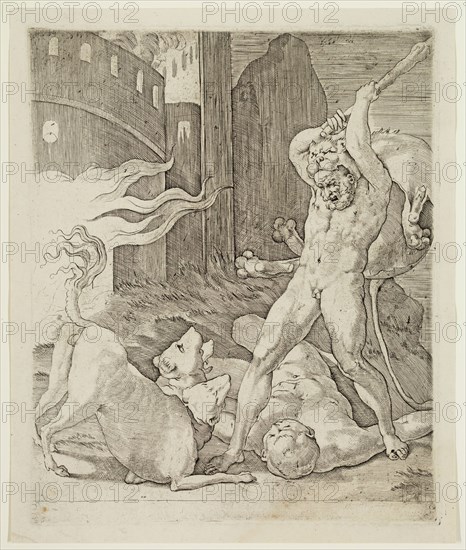 Gian Jacopo Caraglio, Italian, 1500-1570, after Giovanni Battisa di Jaco Guasparre, Italian, 1494-1540, Hercules Killing Cerberus, between 1500 and 1570, engraving printed in black ink on laid paper, Plate: 8 3/4 × 7 1/8 inches (22.2 × 18.1 cm)