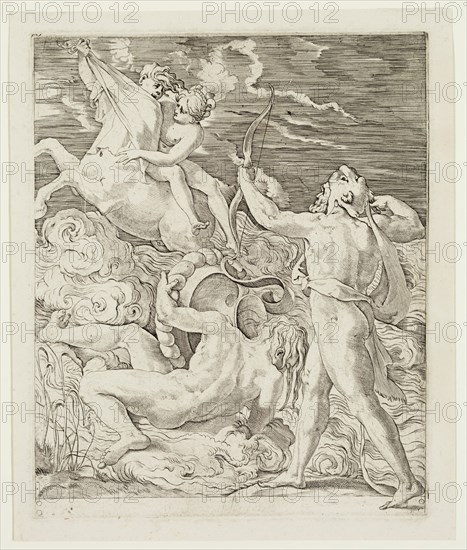 Gian Jacopo Caraglio, Italian, 1500-1570, Hercules Killing the Centaur Neseus, between 1500 and 1570, engraving printed in black ink on laid paper, Plate: 8 5/8 × 7 1/8 inches (21.9 × 18.1 cm)