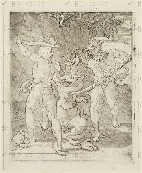 Gian Jacopo Caraglio, Italian, 1500-1570, Hercules Killing the Hydra of Lerna, between 1500 and 1570, engraving printed in black ink on laid paper, Plate: 8 5/8 × 7 1/8 inches (21.9 × 18.1 cm)