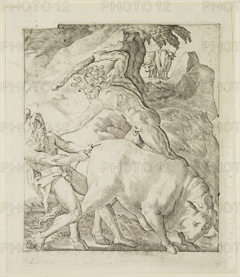 Gian Jacopo Caraglio, Italian, 1500-1570, Hercules Slaying the Robber Cacus, between 1500 and 1570, engraving printed in black ink on laid paper, Plate: 8 3/4 × 7 1/8 inches (22.2 × 18.1 cm)