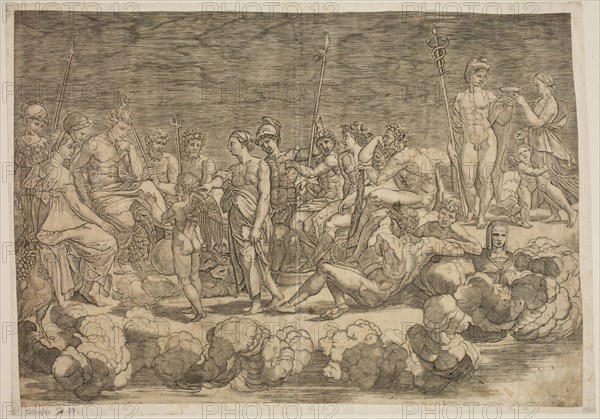 Gian Jacopo Caraglio, Italian, 1500-1570, after Raphael, Italian, 1483-1520, Assembly of the Gods in Olympus to Hear the Complaint of Venus in the Matter o, between 1500 and 1570, engraving printed in black ink on laid paper, Sheet: 14 3/4 × 21 1/8 inches (37.5 × 53.7 cm)