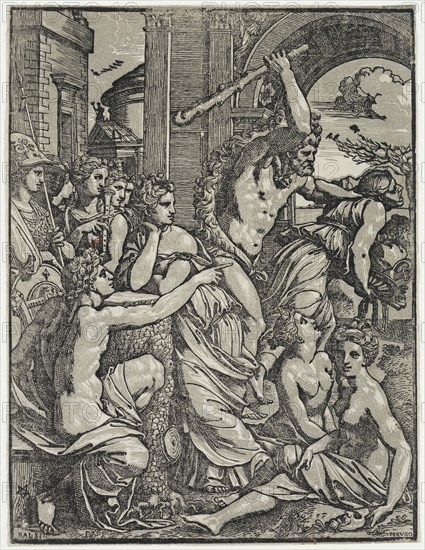 Ugo da Carpi, Italian, 1480-1532, after Baldassare Peruzzi, Italian, 1481-1536, Envy Driven from the Temple of the Muses by Hercules, between 1480 and 1536, chiaroscuro woodcut printed in black and gray ink on laid paper, Image: 11 3/4 × 8 7/8 inches (29.8 × 22.5 cm)