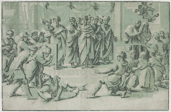 Ugo da Carpi, Italian, 1480-1532, after Raphael, Italian, 1483-1520, Death of Ananias, between 1480 and 1536, chiaroscuro woodcut printed in black and gray ink on laid paper, Image and sheet: 9 5/8 × 14 3/4 inches (24.4 × 37.5 cm)