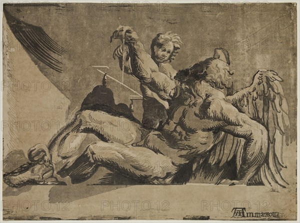 Ugo da Carpi, Italian, 1480-1532, after Il Pordenone, Italian, 1483-1539, Saturn, c. 1604, Chiaroscuro woodcut printed in black, two shades of gray and brown on laid paper, image and sheet: 12 3/4 x 17 1/8 in.