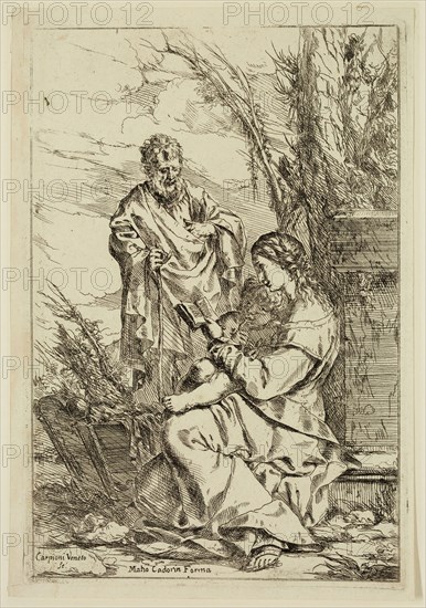 Giulio Carpioni, Italian, 1611-1674, The Holy Family with the Virgin Reading, between 1611 and 1674, etching printed in black ink on laid paper, Plate: 8 5/8 × 5 3/4 inches (21.9 × 14.6 cm)