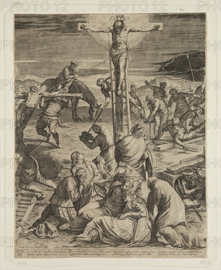 Agostino Carracci, Italian, 1557-1602, after Tintoretto, Italian, 1519-1594, The Crucifixion, 1589, engraving printed in black ink on laid paper, Image (excluding inscription): 19 3/8 × 15 3/4 inches (49.2 × 40 cm)