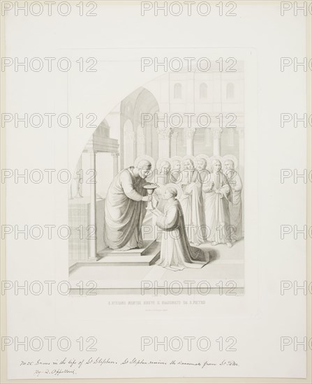 Q. Apolloni, Italian, Saint Stephen Receives the Diaconate from Saint Peter, 19th century, Engraving printed in black ink on wove paper, Plate: 15 7/8 × 11 7/8 inches (40.3 × 30.2 cm)