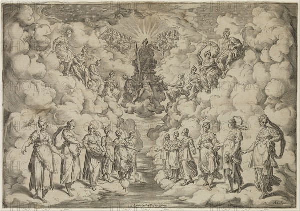 Agostino Carracci, Italian, 1557-1602, after Andrea Boscoli, Italian, after Bernardo Buontalenti, Italian, The Harmony of the Spheres, between 1589 and 1592, etching and engraving printed in black ink on laid paper, Image: 9 1/2 × 13 1/2 inches (24.1 × 34.3 cm)