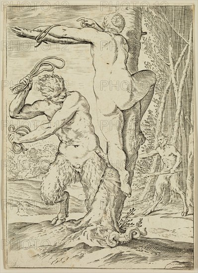 Agostino Carracci, Italian, 1557-1602, Satyr Whipping a Nymph, between 1590 and 1595, engraving printed in black ink on laid paper, Sheet (trimmed within plate mark): 6 × 4 1/4 inches (15.2 × 10.8 cm)