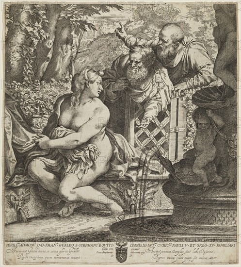 Annibale Carracci, Italian, 1560-1609, Susannah and the Elders, between 1590 and 1595, etching and engraving printed in black ink on laid paper, Image (including inscriptions): 13 5/8 × 12 inches (34.6 × 30.5 cm)